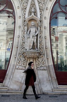 Dom Sebastiao statue is seen at Rossio station in downtown Lisbon, Portugal.