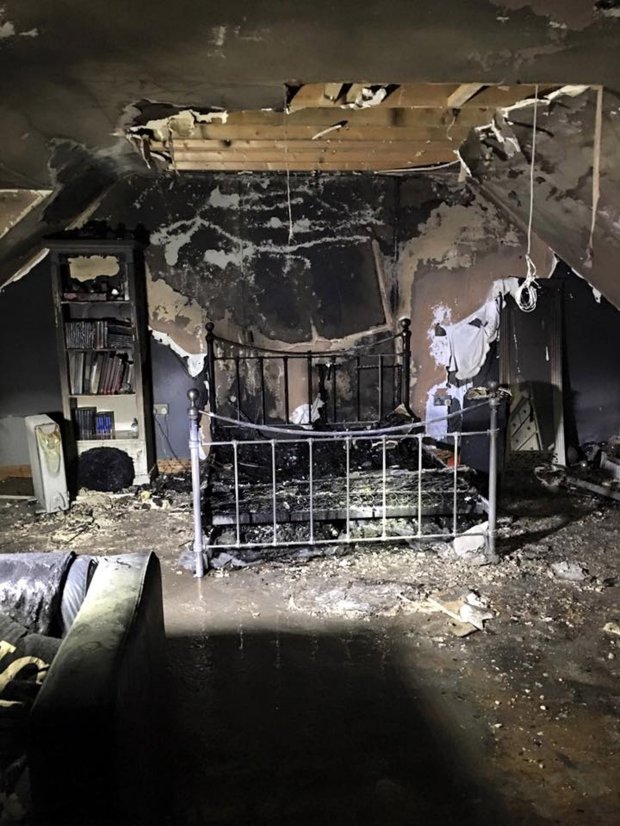 A mobile phone charger destroyed Caitlin Rae Durant's 15, bedroom - when it caught on fire overnight and set the room ablaze. The charger was left on overnight, causing it to overheat and as a result the entire room was engulfed in flames. Pictured here is Caitlin Rae bedroom after the blaze. © WALES NEWS SERVICE