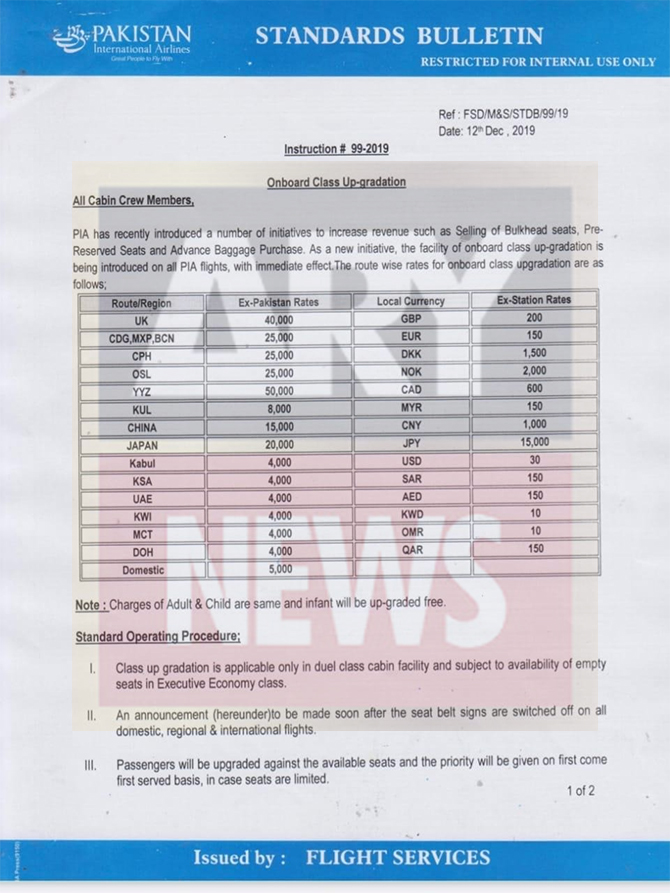 PIA new scheme seats onboard class upgradation international flights rates