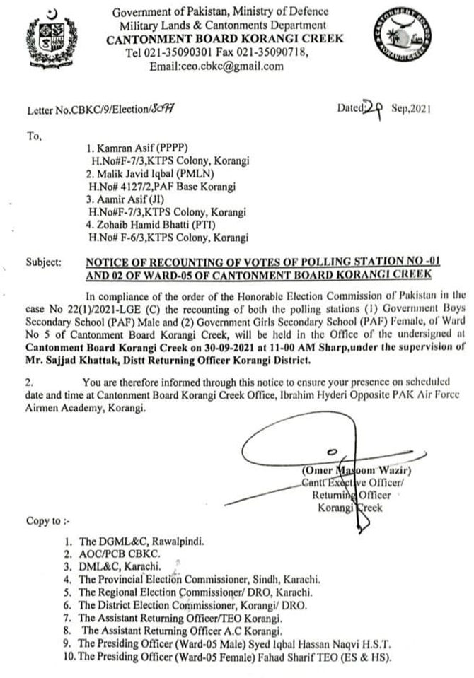 ecp vote recount wards karachi cantonment boards