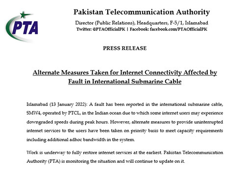 pta submarine cable fault slow internet indian ocean ptcl