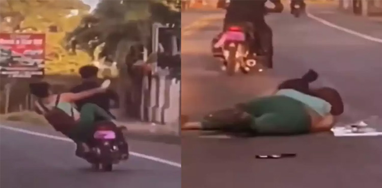 Viral Video Woman Falls Off The Bike While Kicking Another Rider 1667